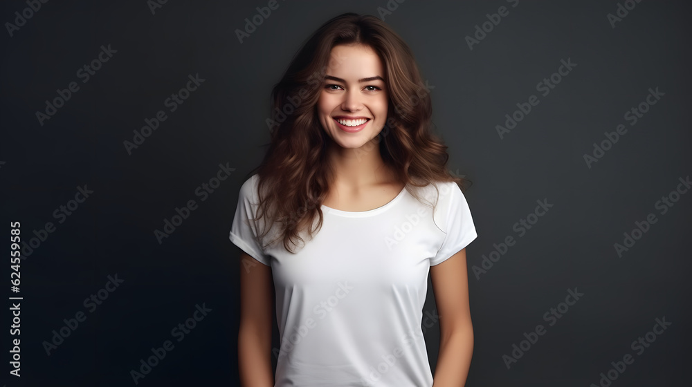 Young Woman Wearing a Bella Canvas White Shirt on a Gray Background. Design T-Shirt Template and Print Presentation Mockup Young Woman Wearing a Bella Canvas White Shirt on a Gray Background. Design T-Shirt Template and Print Presentation Mockup