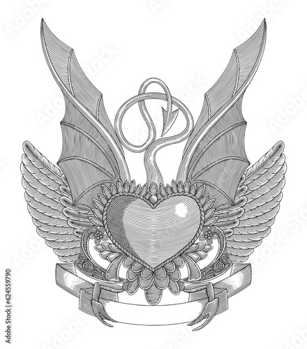 heart with bird and bat wings, banner and floral ornament, Vintage engraving drawing style, antique design vector illustration
