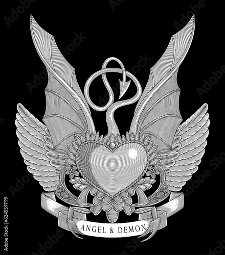 heart with bird and bat wings, banner and floral ornament, Vintage engraving drawing style, antique design vector illustration
