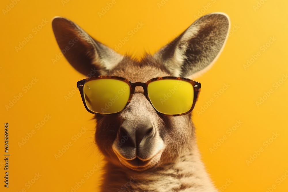 Fototapeta premium Cool and cute kangaroo dons stylish sunglasses and scarf, bringing a touch of fashion to the outdoors of Australia. AI Generative.