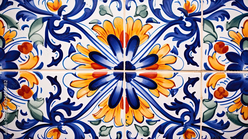 Fototapeta premium hand-painted ceramic tiles in a floral theme, for a horizontal background, product display/mock-up with copy space. Decor-themed in a JPG format. Generative AI