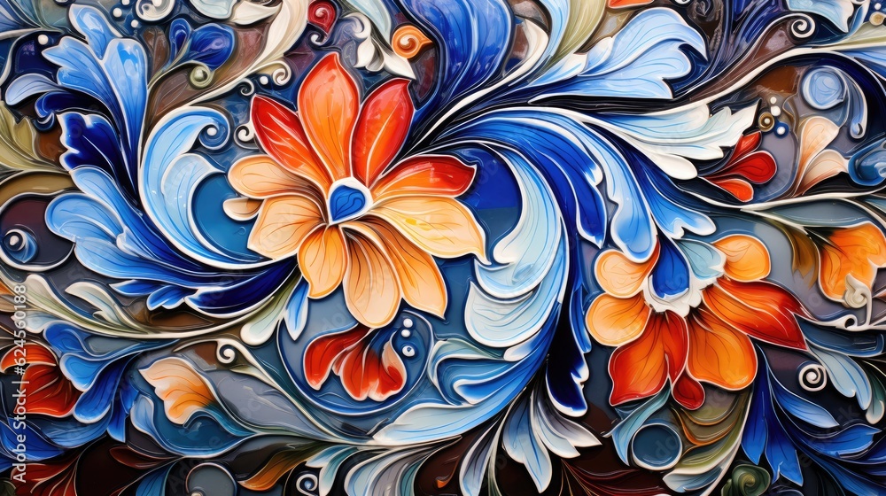 hand-painted ceramic tiles in a floral theme, for a horizontal background, product display/mock-up with copy space. Decor-themed in a JPG format. Generative AI hand-painted ceramic tiles in a floral theme, for a horizontal background, product display/mock-up with copy space. Decor-themed in a JPG format. Generative AI