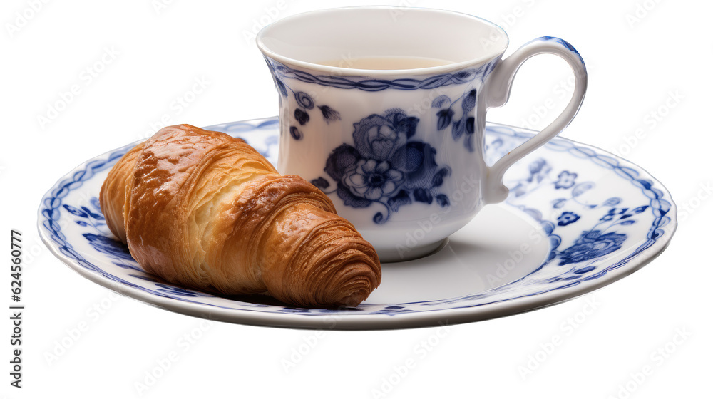 a Flow Blue China cup and saucer with a Croissant in a Food-themed, photorealistic illustration in a PNG, cutout, and isolated. Generative AI a Flow Blue China cup and saucer with a Croissant in a Food-themed, photorealistic illustration in a PNG, cutout, and isolated. Generative AI