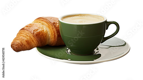  a delicious, Croissant with a Green Coffee cup and saucer in a horizontal layout, Food-themed, photorealistic illustration in a PNG, cutout, and isolated. Generative AI