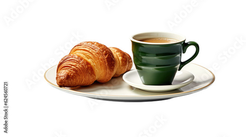  a delicious, Croissant with a Green Coffee cup and saucer in a horizontal layout, Food-themed, photorealistic illustration in a PNG, cutout, and isolated. Generative AI