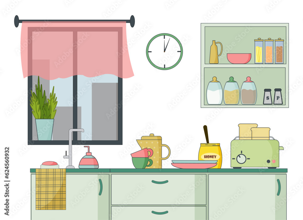 Kitchen interior with window and cooking products. Toaster with bread. a jar of honey, plates and miscellaneous utensils, cupboards, jars of spices and cereals, kitchen accessories. Vector flat linear Kitchen interior with window and cooking products. Toaster with bread. a jar of honey, plates and miscellaneous utensils, cupboards, jars of spices and cereals, kitchen accessories. Vector flat linear