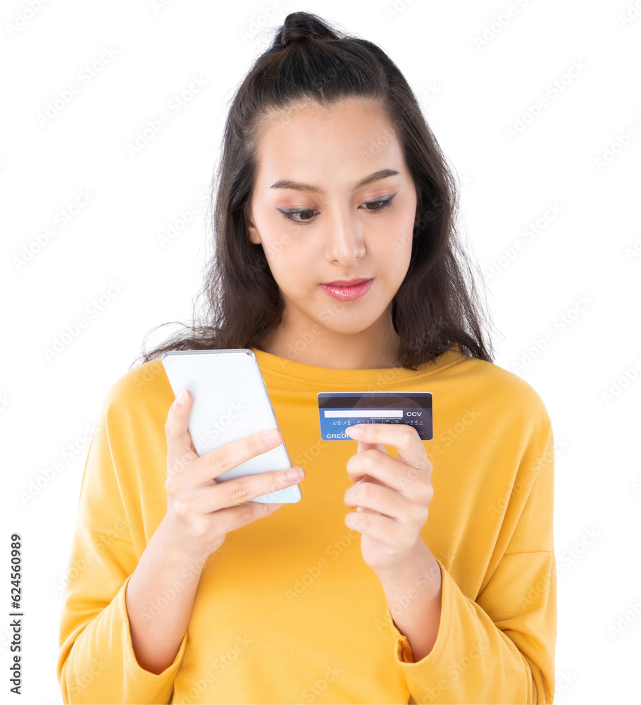 Young beauty Asian woman shopping payment online with credit card on smartphone and she wearing a yellow sweater and looking on camera shot isolated on white background Young beauty Asian woman shopping payment online with credit card on smartphone and she wearing a yellow sweater and looking on camera shot isolated on white background