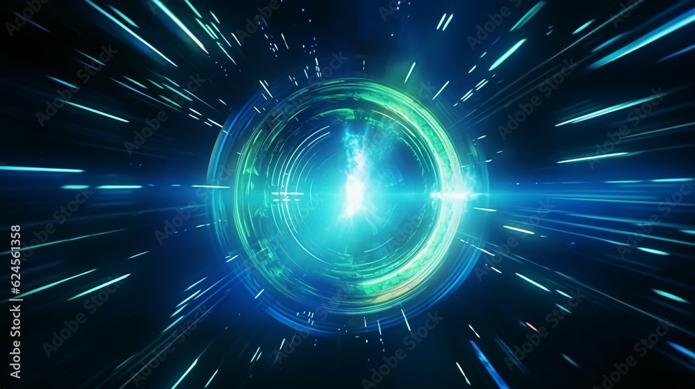 Fototapeta premium abstract futuristic background portal tunnel with pink blue and green glowing neon moving high speed wave lines and glare lights. Data transfer concept Science style wallpaper 