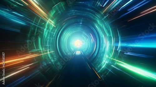 abstract futuristic background portal tunnel with pink blue and green glowing neon moving high speed wave lines and glare lights. Data transfer concept Science style wallpaper 