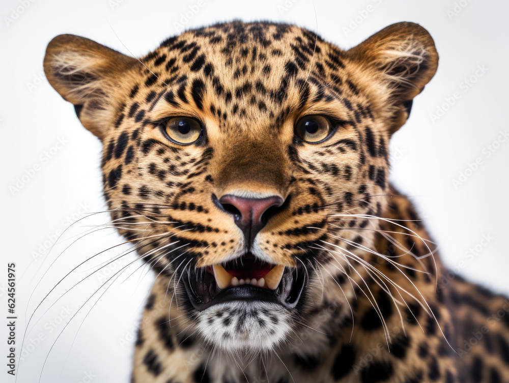 Cute confused wild leopard portrait and isolated white background. Generative AI