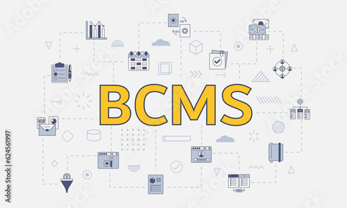 bcms business continuity management system concept with icon set with big word or text on center