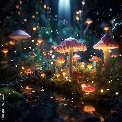Glowing giant mushroom forest psychedelic moonlight fantasy of surrealism, generative AI.