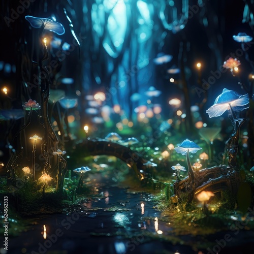 Glowing giant mushroom forest psychedelic moonlight fantasy of surrealism, generative AI.