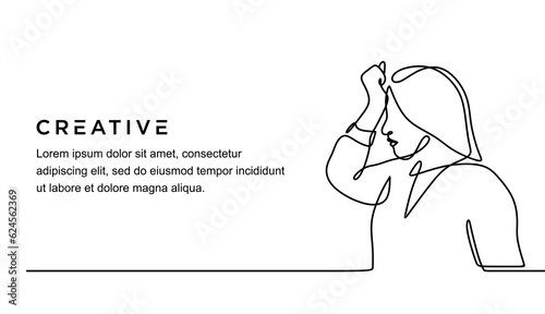 continuous line drawing of young woman with headache. tired and overworked