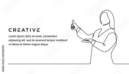 continuous line drawing of beautiful woman spreading palm aside showing thumb up