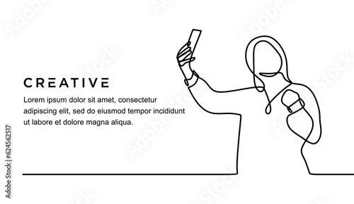 continuous line drawing of excited young woman girl posing doing selfie shot on mobile phone spreading hands