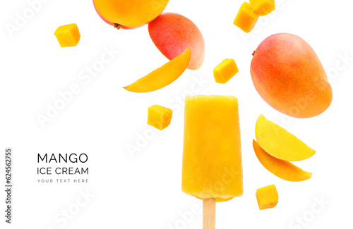 Creative layout made of mango ice cream on the white background. Flat lay. Food concept. Macro  concept. Vegan ice ream.