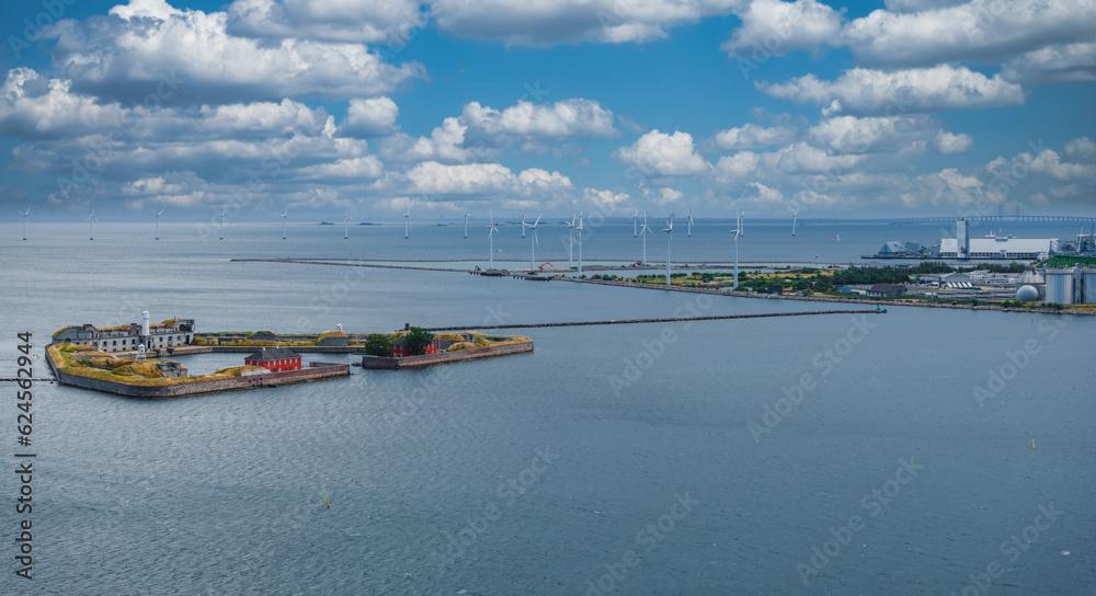 Obraz premium Aerial panorama of Indre Osterbro, Nordhavnen districts. New modern district in Copenhagen, Denmark. Beautiful modern buildings, Portland Towers and UN.