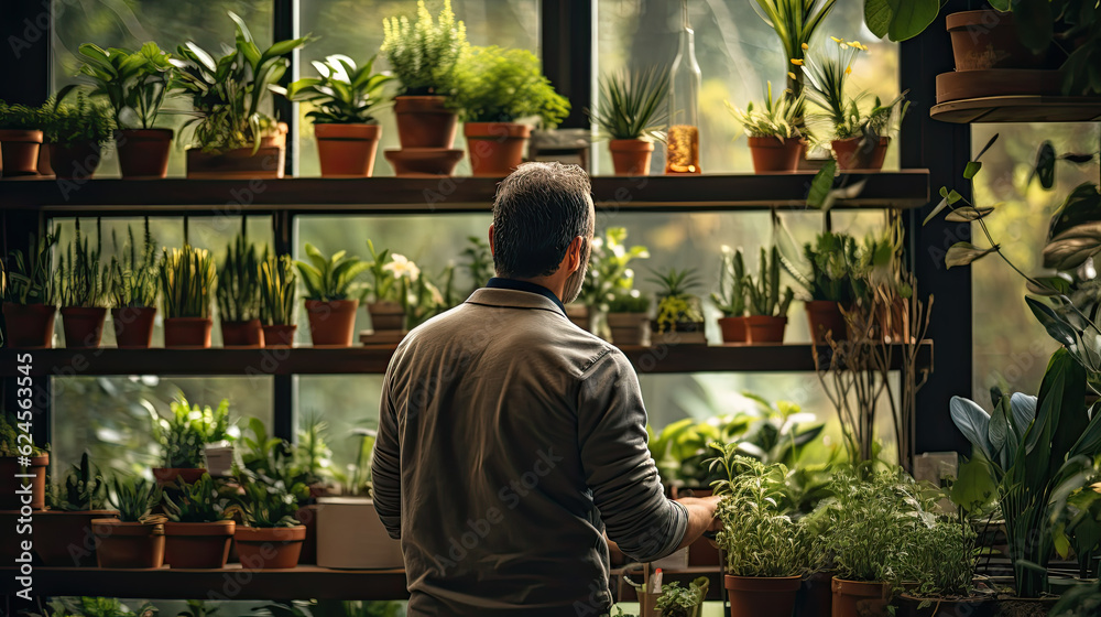 a man stands in a room full of green plants and takes care of it. back view. Generative AI a man stands in a room full of green plants and takes care of it. back view. Generative AI