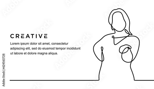 continuous line drawing of young woman pretending to hold something while raising hands