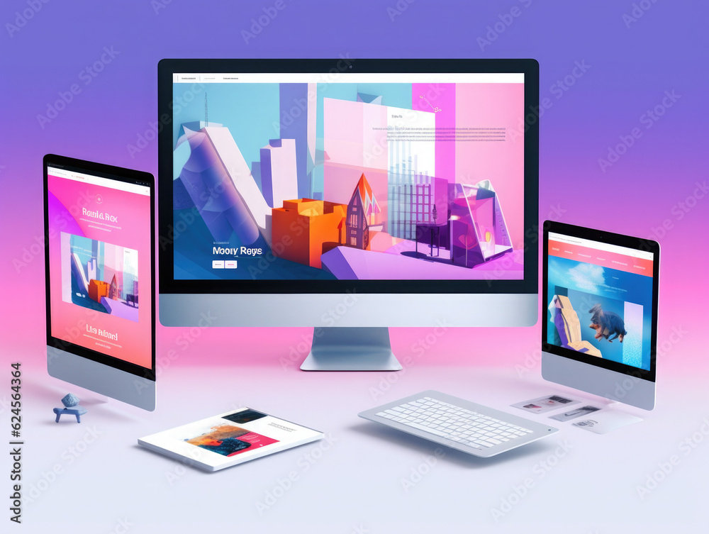 3D illustration of abstract geometric shapes on a clear background, with a prominent desktop computer 3D illustration of abstract geometric shapes on a clear background, with a prominent desktop computer