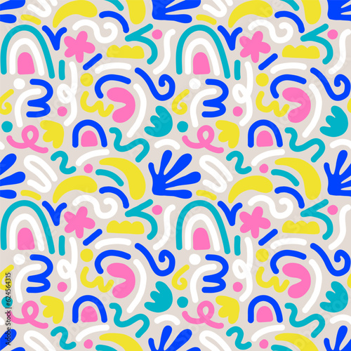 Hand drawn contemporary art collage with multicolor abstract shapes. Vector seamless pattern with modern Scandinavian design elements.