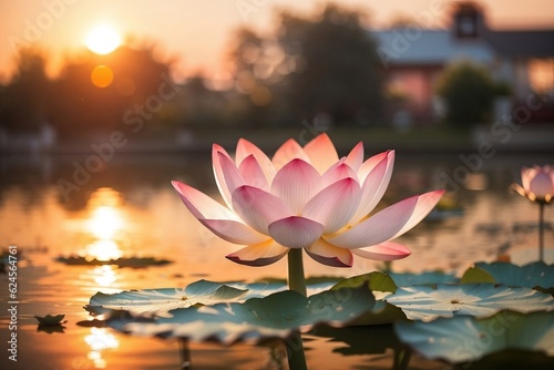 Una hermosa flor de loto durante el atardecer