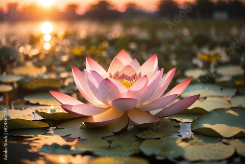 Una preciosa flor de loto durante el atardecer