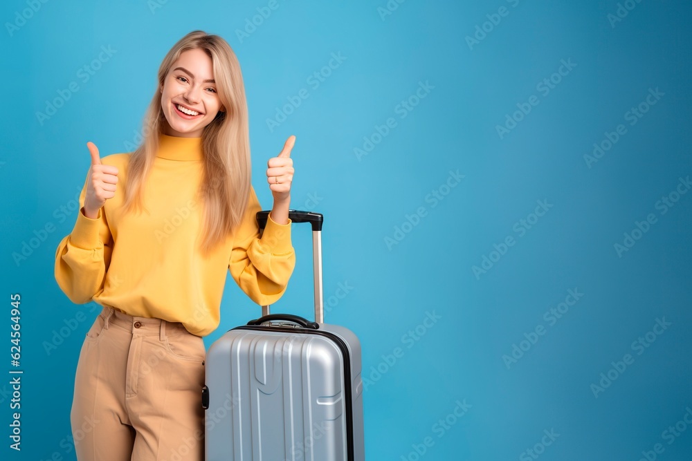 Young woman ready for vacations holding luggage with thumbs up over blue background. Copy space for advertisement Young woman ready for vacations holding luggage with thumbs up over blue background. Copy space for advertisement
