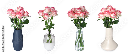 Fototapeta Naklejka Na Ścianę i Meble -  Collage of stylish vases with beautiful rose bouquets on white background