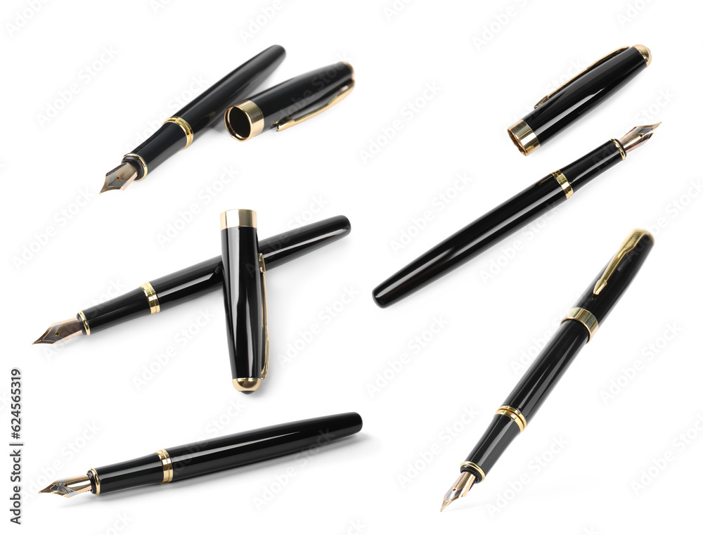 Collage with fountain pens on white background Collage with fountain pens on white background