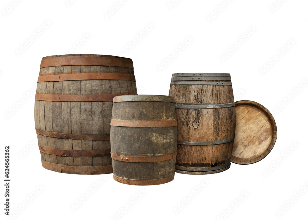 Many different wooden barrels on white background