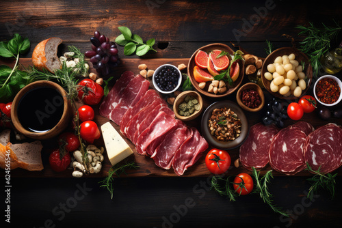 Tempting Tapas and Charcuterie Platter. A photo showcasing a selection of delicious tapas and charcuterie  with copy space on top. Culinary delights and food presentation concept. AI Generative