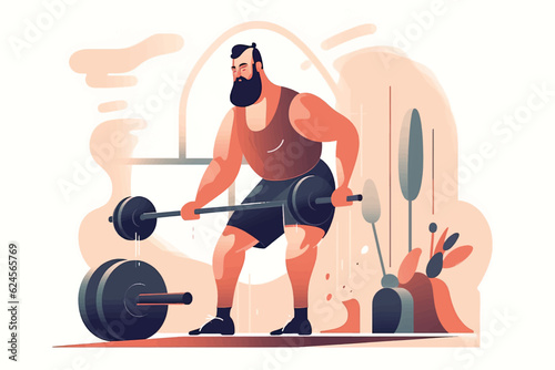 A man with a dumbbell motivates the viewer to exercise. Happy sportsman exercising with equipment. Vector graphic.
