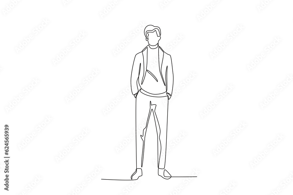 A man wearing autumn clothes. Autumn one-line drawing A man wearing autumn clothes. Autumn one-line drawing