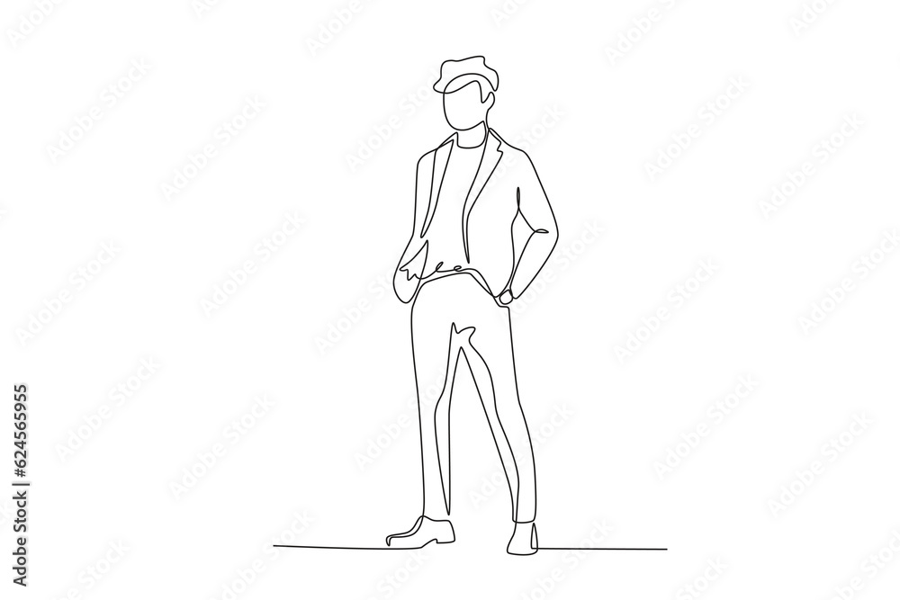 A curly-haired man wearing autumn clothes. Autumn one-line drawing A curly-haired man wearing autumn clothes. Autumn one-line drawing