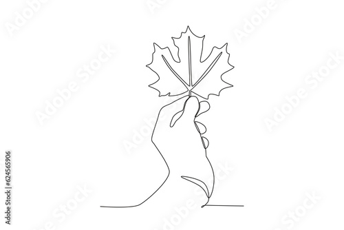 A hand holding autumn leaves. Autumn one-line drawing