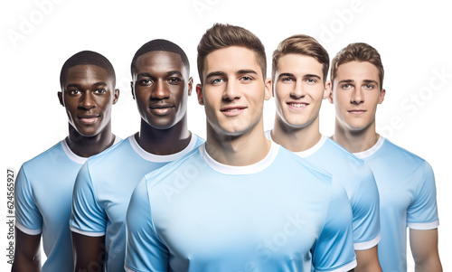 Front view of multiethnic male soccer team wearing light blue jersey. Transparent background photo