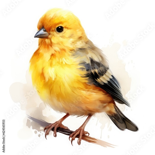 Watercolor painting of a yellow canary on a white background.