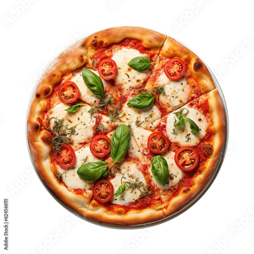 Top view of Margherita Italian pizza over transparent background
