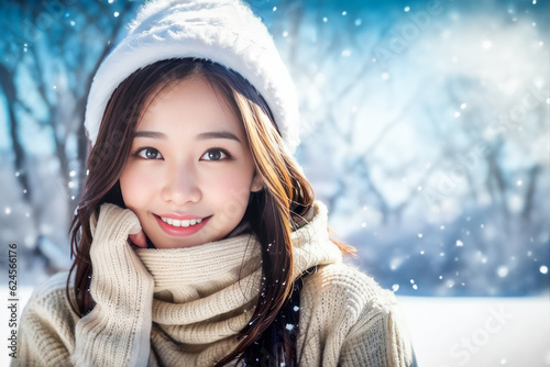 粉雪が舞うゲレンデで笑顔でカメラ目線の日本人女性(美人モデル)  photo