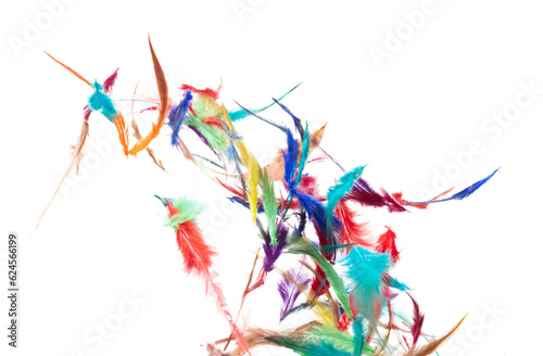 Many color Feather fly fall beautiful spiral pattern in air over black background isolated. Puffy Fluffy soft feathers like dream floating dove in sky. Colorful feathers are so light and delicate