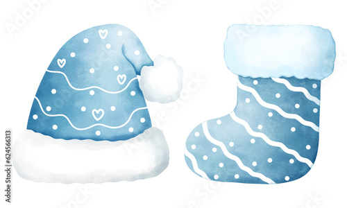 Set of watercolor blue christmas hat and sock illustration.Cute watercolor christmas accessory.