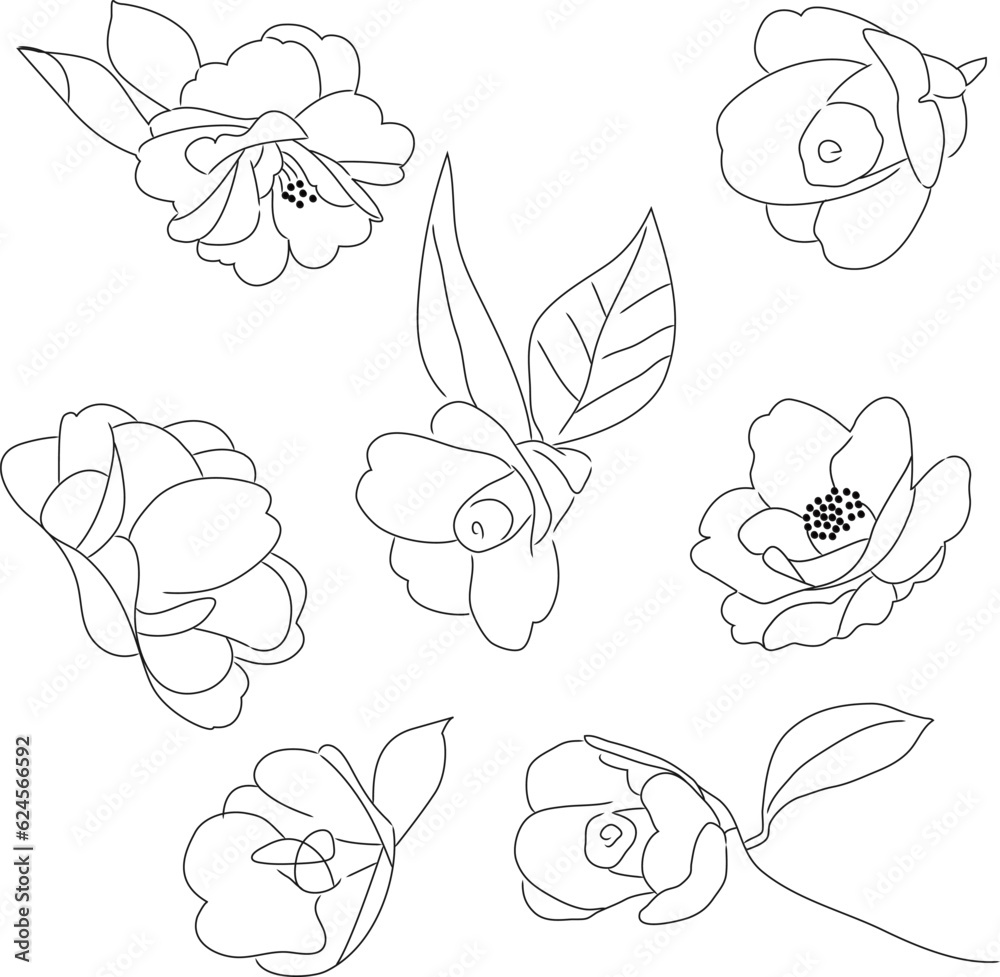 Flowers line work, drawing, graffiti set. Flowers line work, drawing, graffiti set.