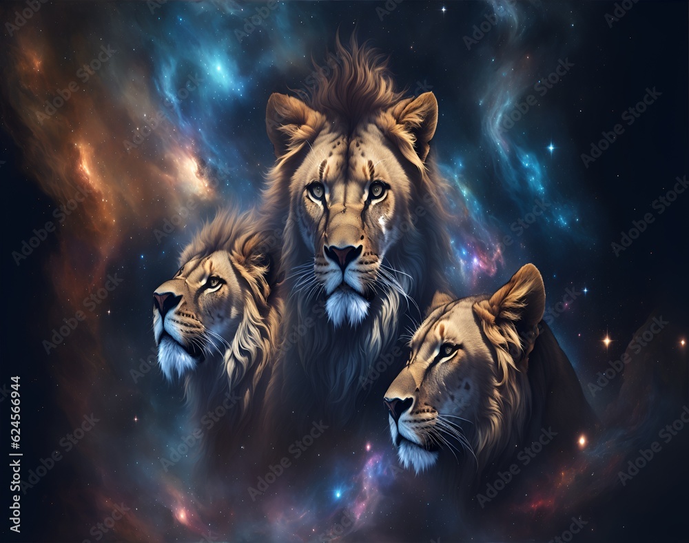 A family of Lions infinite space of the cosmos in the universe with all its wild fullness and harmony of the kings of animals. AI generated