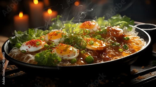 Macro shot of a steamy bowl of ramen soft overhead 