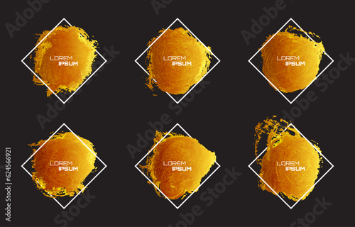 Golden paint brush strokes isolated on dark background. Elegant paintbrush set. Textured shape bundle. Graphic design elements grungy painted style concept for ads, offer, big, mega, or flash sale