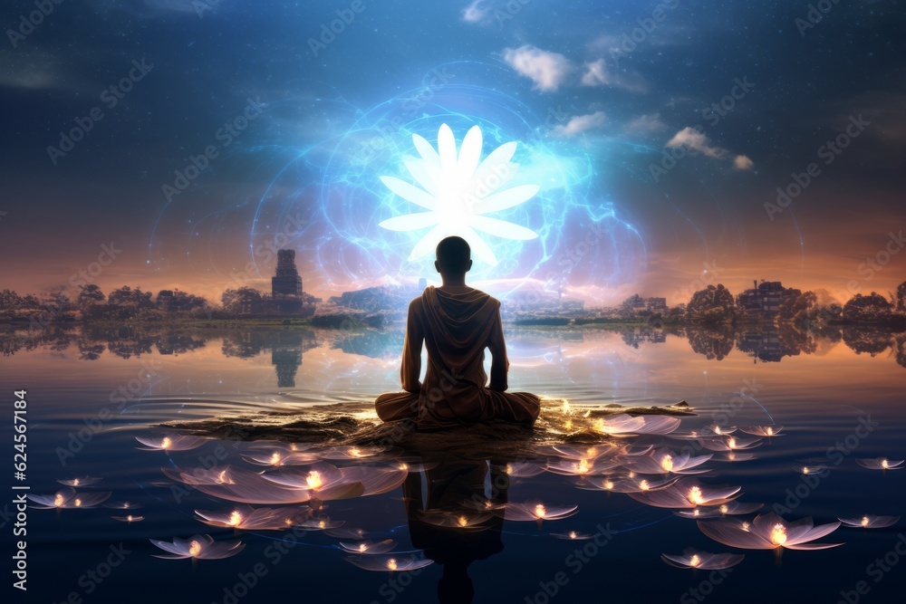Serenity in a Distant Realm: Man in Lotus Pose, Generative AI