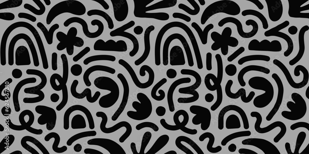 Obraz premium Hand drawn contemporary art collage with black and gray abstract shapes. Vector seamless pattern with Scandinavian cut out elements.