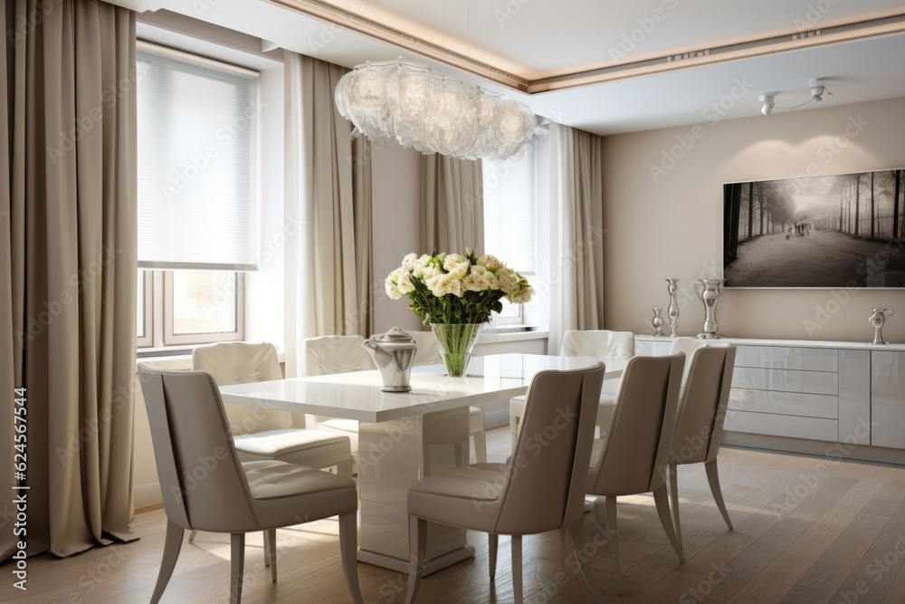Fototapeta premium Bright spacious dining room with wooden big table. ai generative